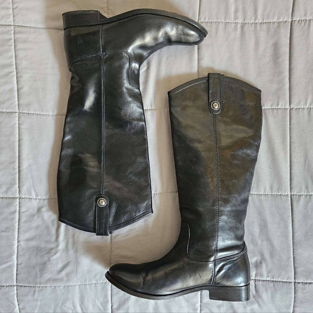 Frye Black Leather Mid Calf Melissa Button Riding Boot Women's 9